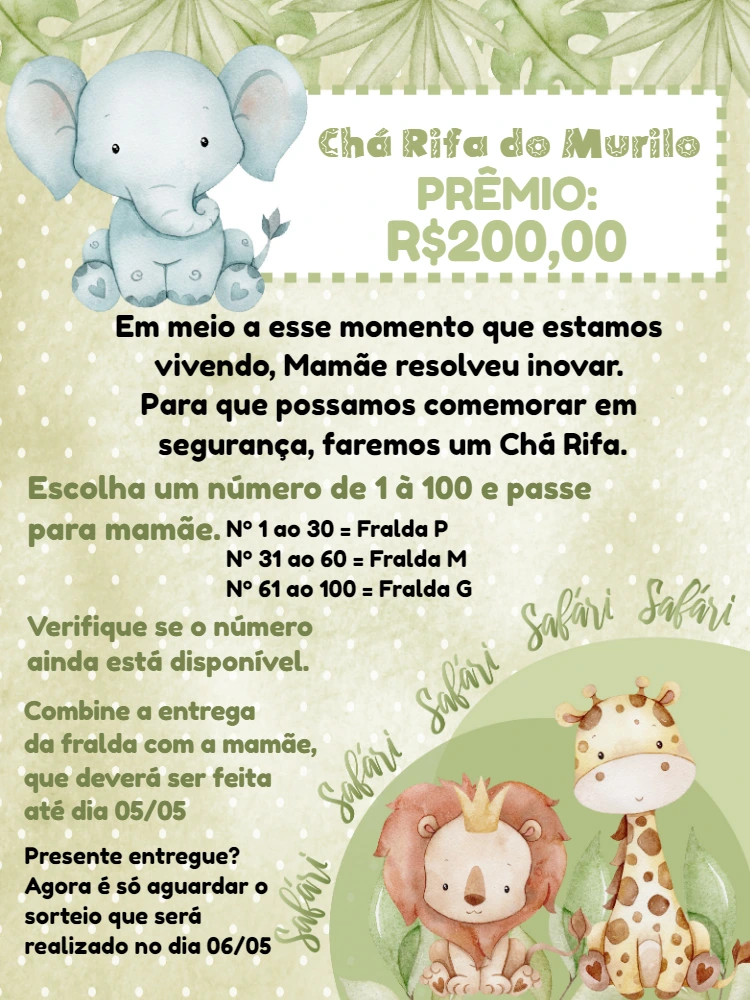 Convite Chá Rifa Safari com Animais Fofos para Editar Online