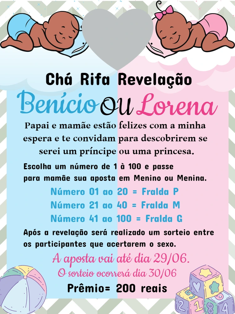 Convite Chá Rifa Revelação Menino ou Menina para Editar Online