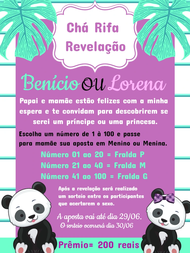 Convite Chá Rifa Revelação Panda para Editar Online