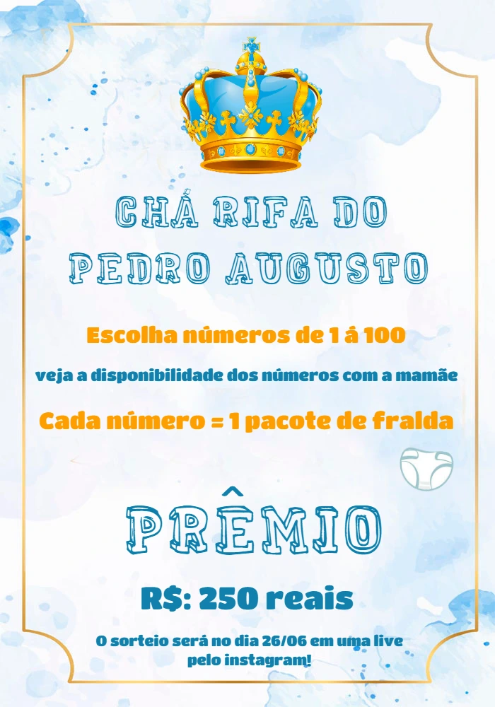 Convite Chá Rifa Realeza Menino com Coroa para Editar Online