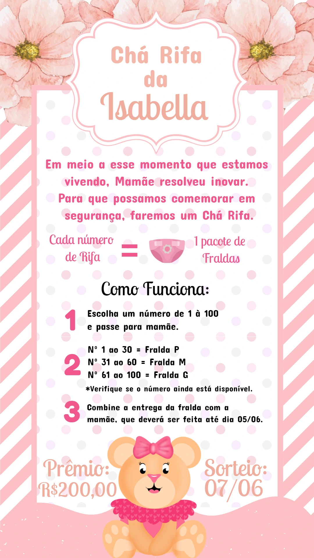 Convite Chá Rifa Ursinha Rosa para Editar Online