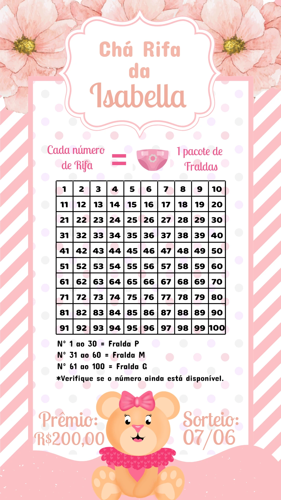 Cartela Chá Rifa Ursinha Rosa para Editar e Imprimir