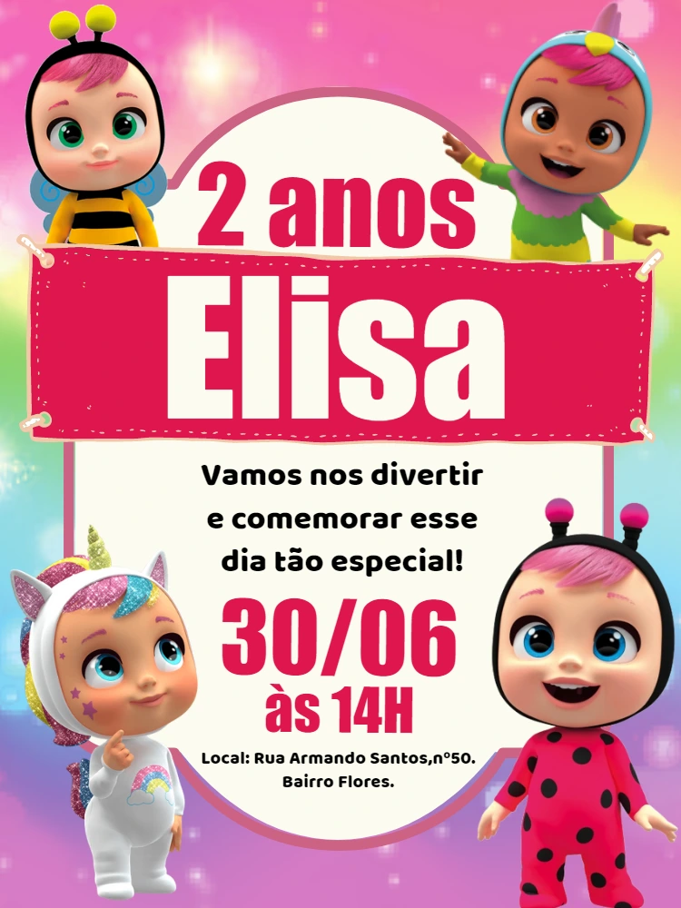 Convite de Aniversário Cry Babies com Personagens para Editar