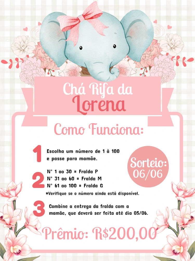 Convite Chá Rifa Elefantinha Rosa para Editar Online