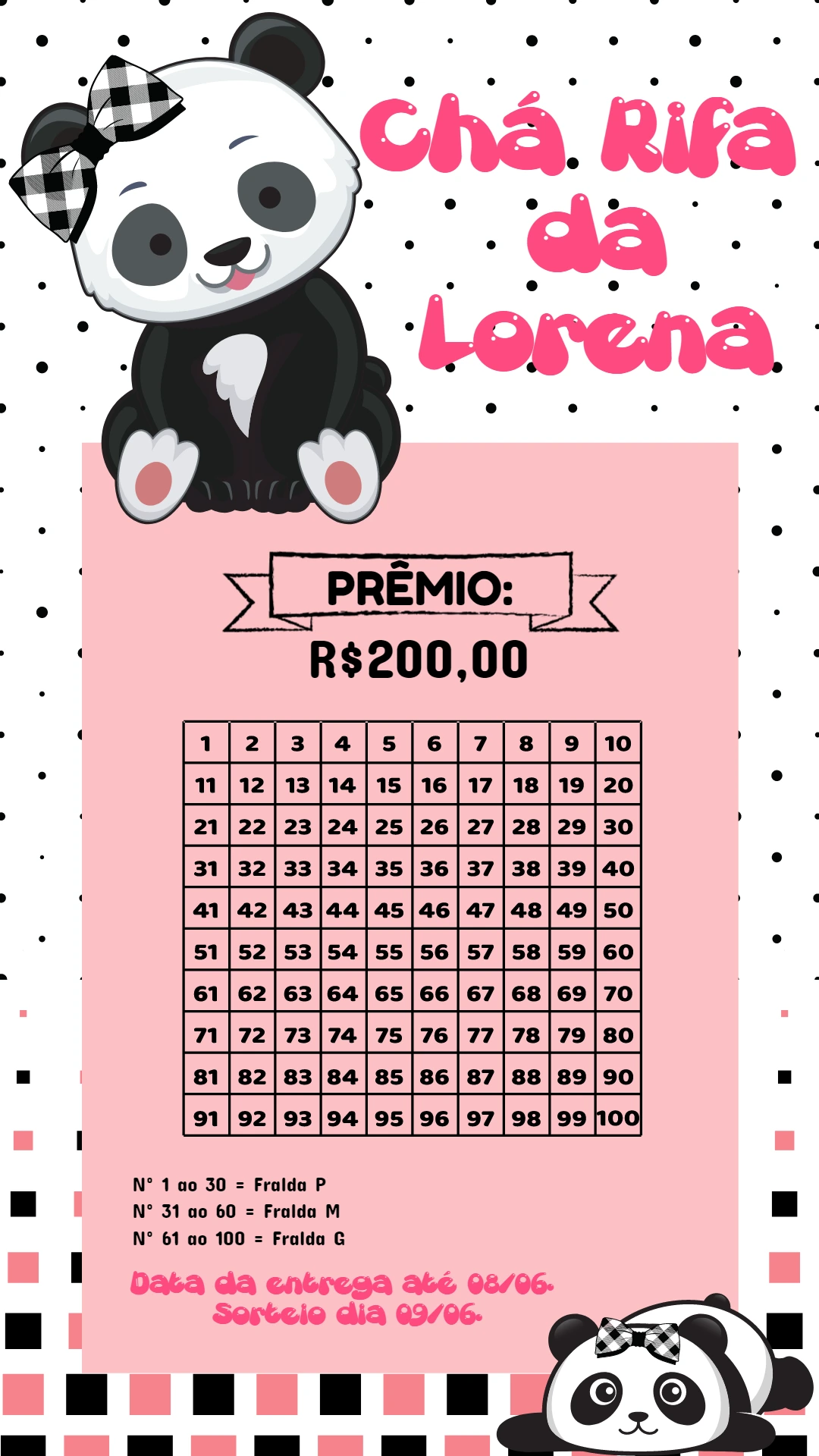 Chá Rifa Panda Menina Editável para Imprimir e Enviar