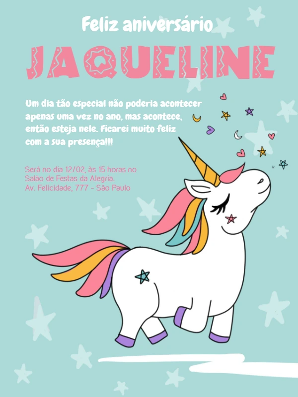 Convite de Aniversário Unicórnio Fofo para Editar Online