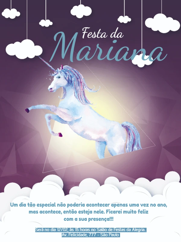Convite de Aniversário Unicórnio Mágico para Editar Online