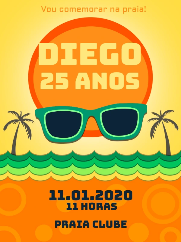 Convite de Aniversário Sunset na Praia para Editar Online