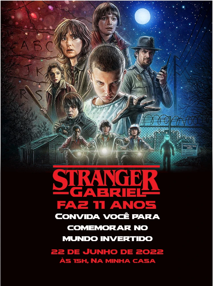 Convite Aniversário Stranger Things com Personagens para Editar