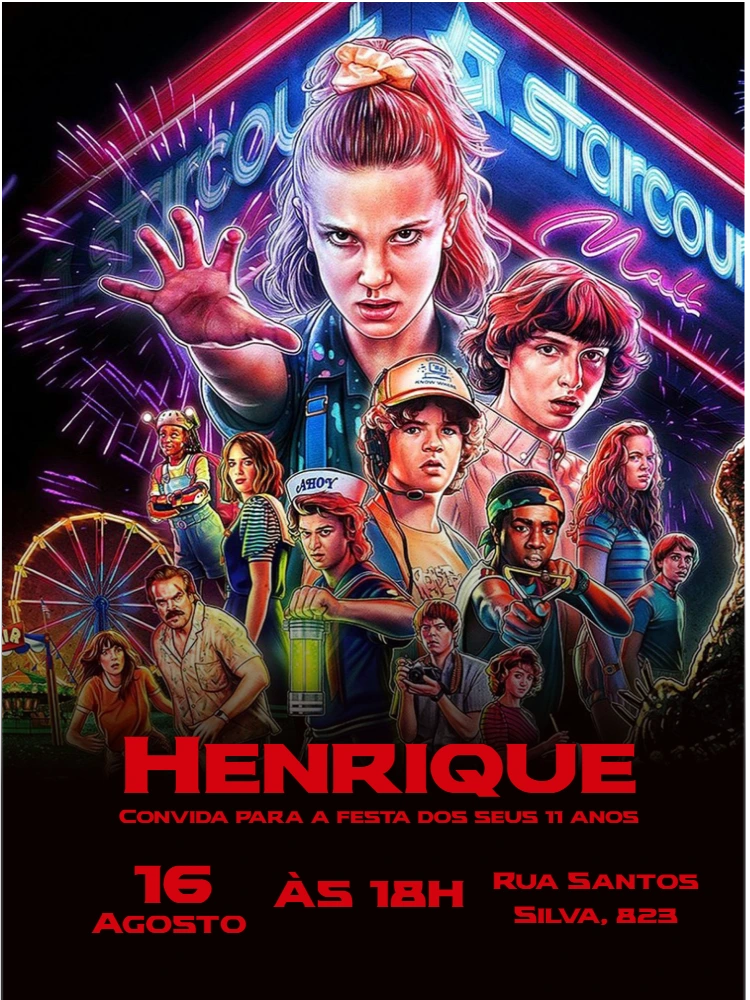 Convite Aniversário Stranger Things com Personagens para Editar