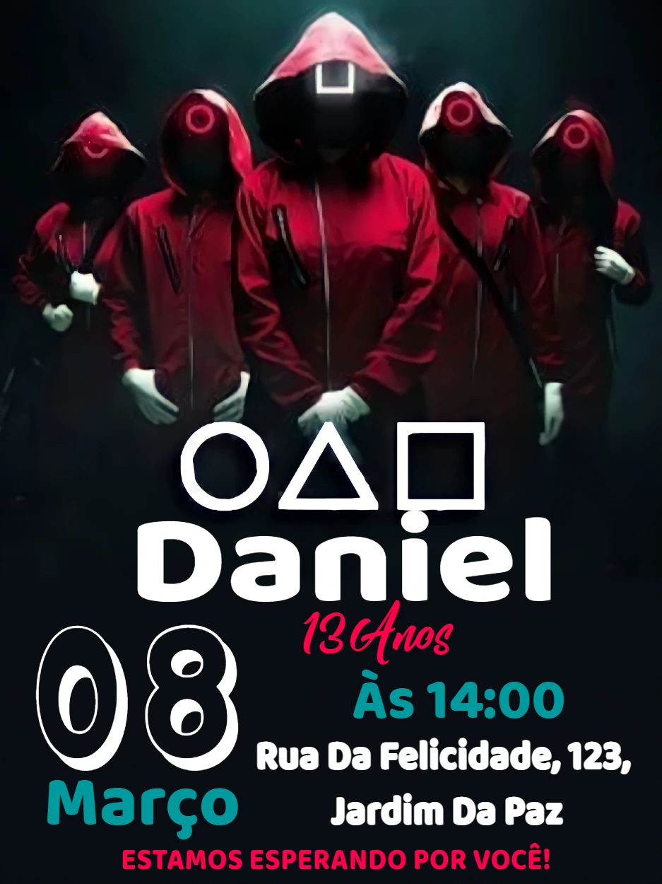 Convite de Aniversário Round 6 com Personagens para Editar