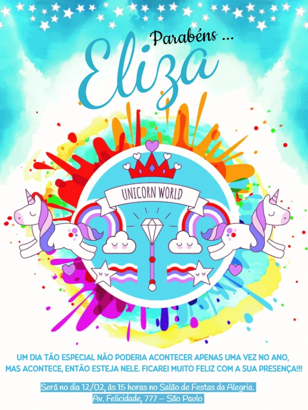 Convite de Aniversário Unicórnio Mágico para Editar Online
