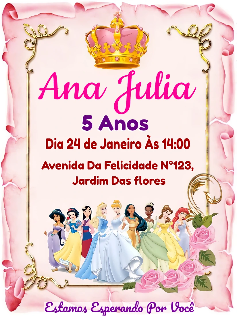 Convite de Aniversário Princesas para Editar Online