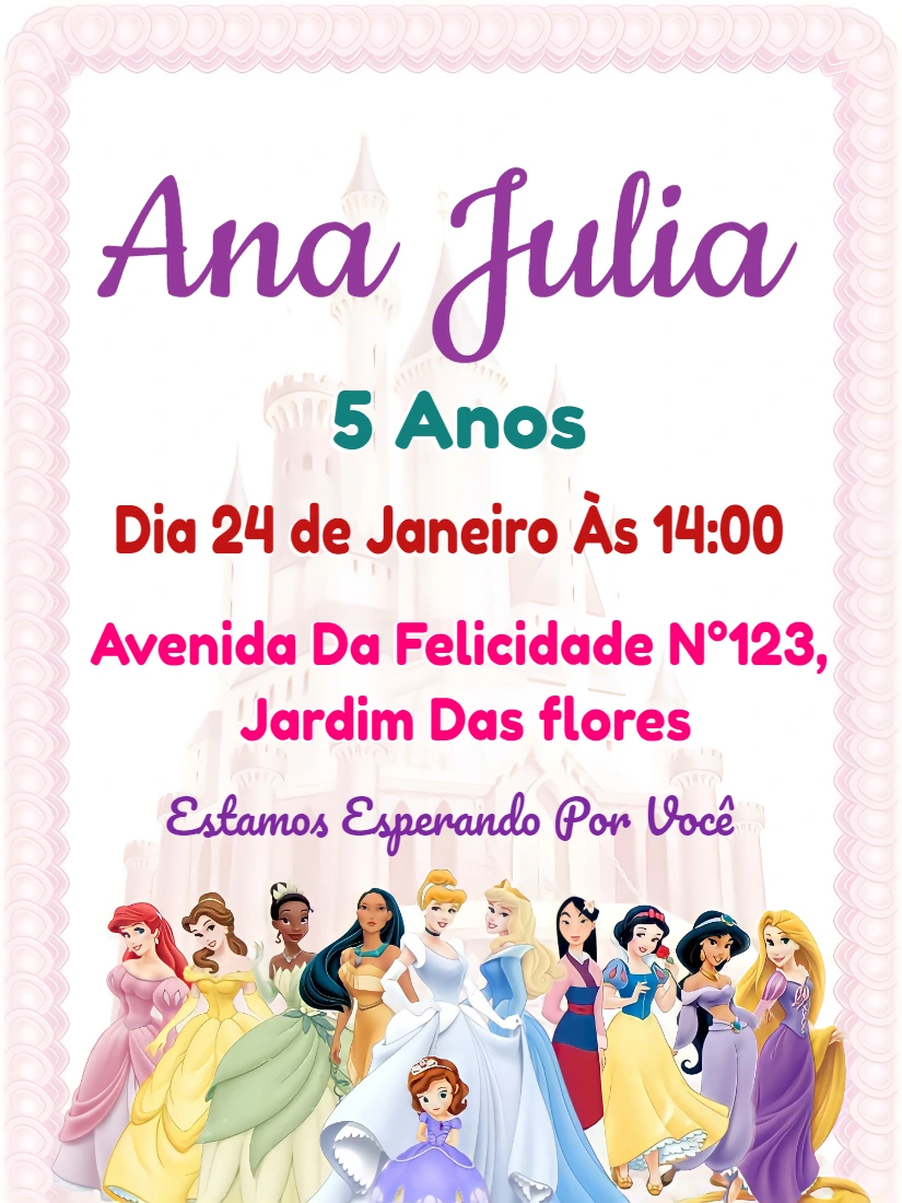 Convite Aniversário Princesas para Editar Online