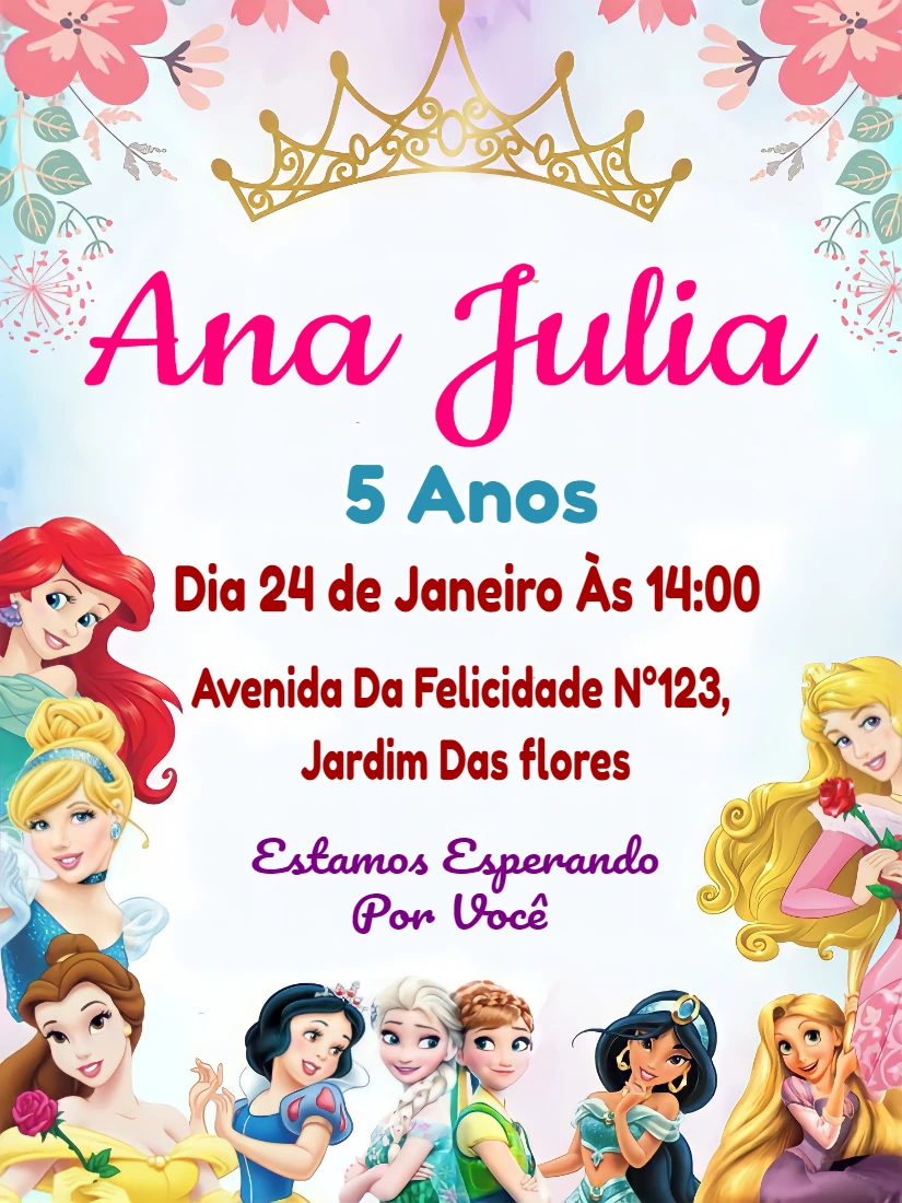 Convite Aniversário Princesas Disney para Editar Online