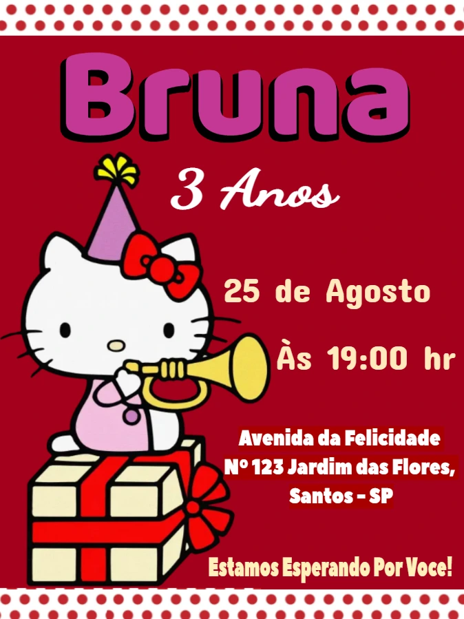 Convite Aniversário Hello Kitty para Editar Online