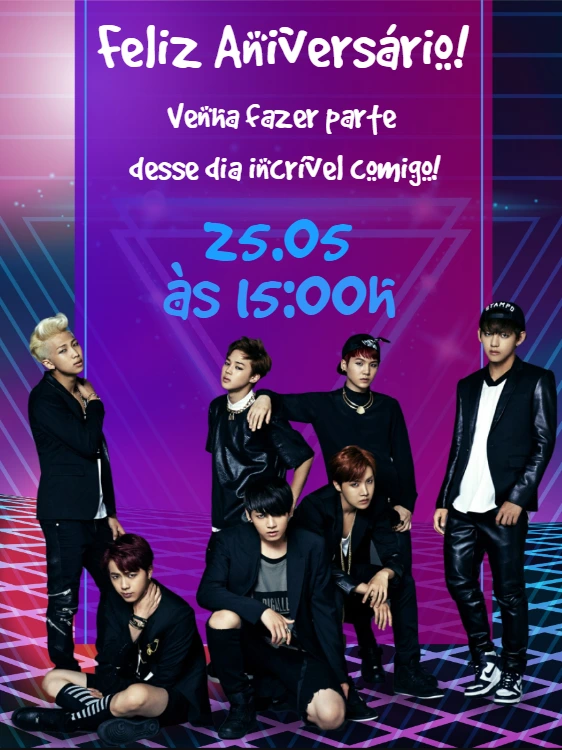 Convite de Aniversário BTS K-Pop para Editar e Imprimir