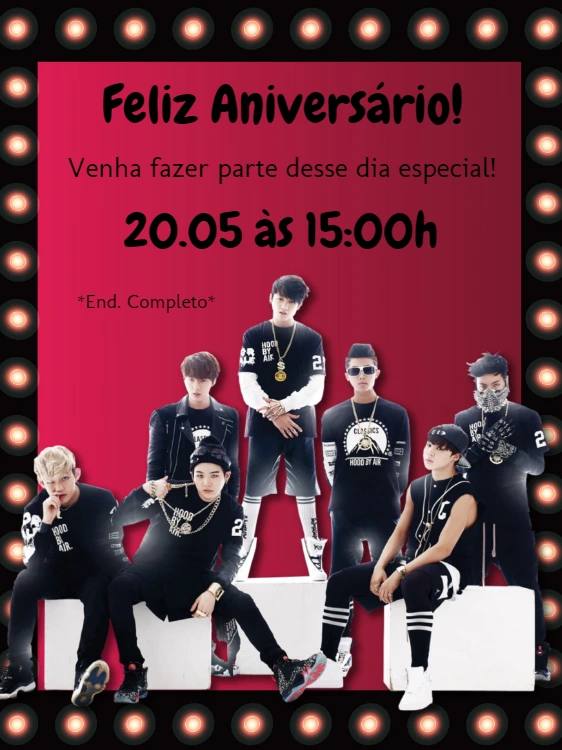 Convite de Aniversário BTS K-pop para Editar e Imprimir