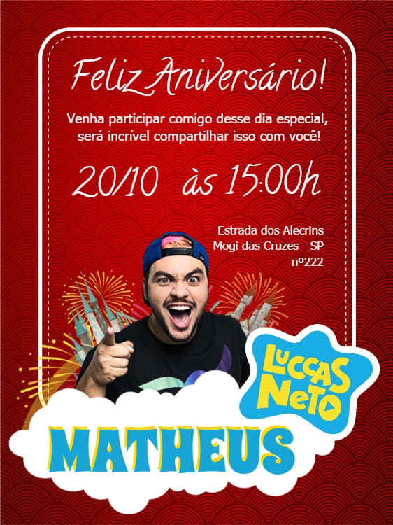 Convite de Aniversário Luccas Neto para Editar Online