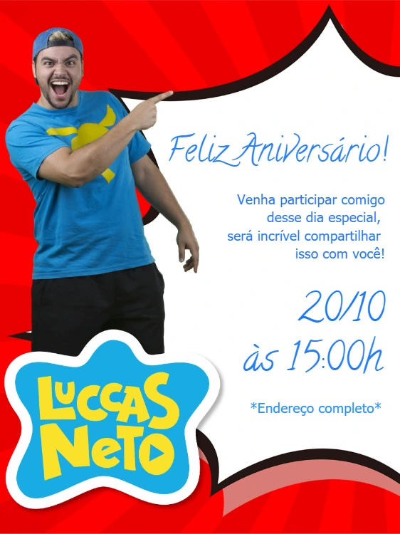 Convite de Aniversário Luccas Neto para Editar Online