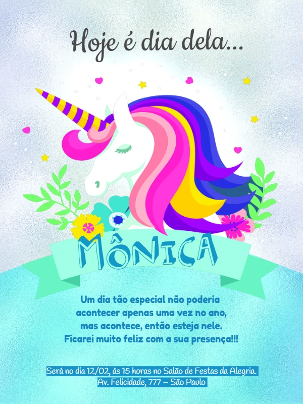 Convite de Aniversário Unicórnio Mágico para Editar Online