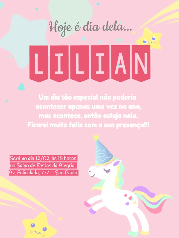 Convite de Aniversário Unicórnio Fofo para Editar Online
