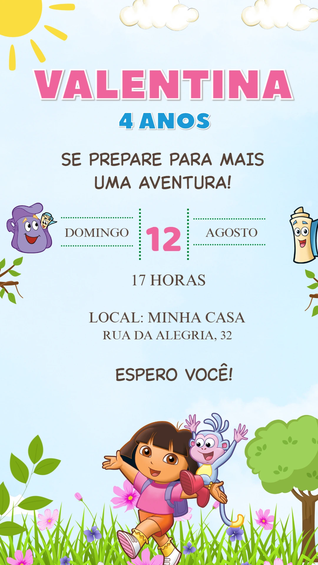 Convite de Aniversário Dora Aventureira para Editar Online