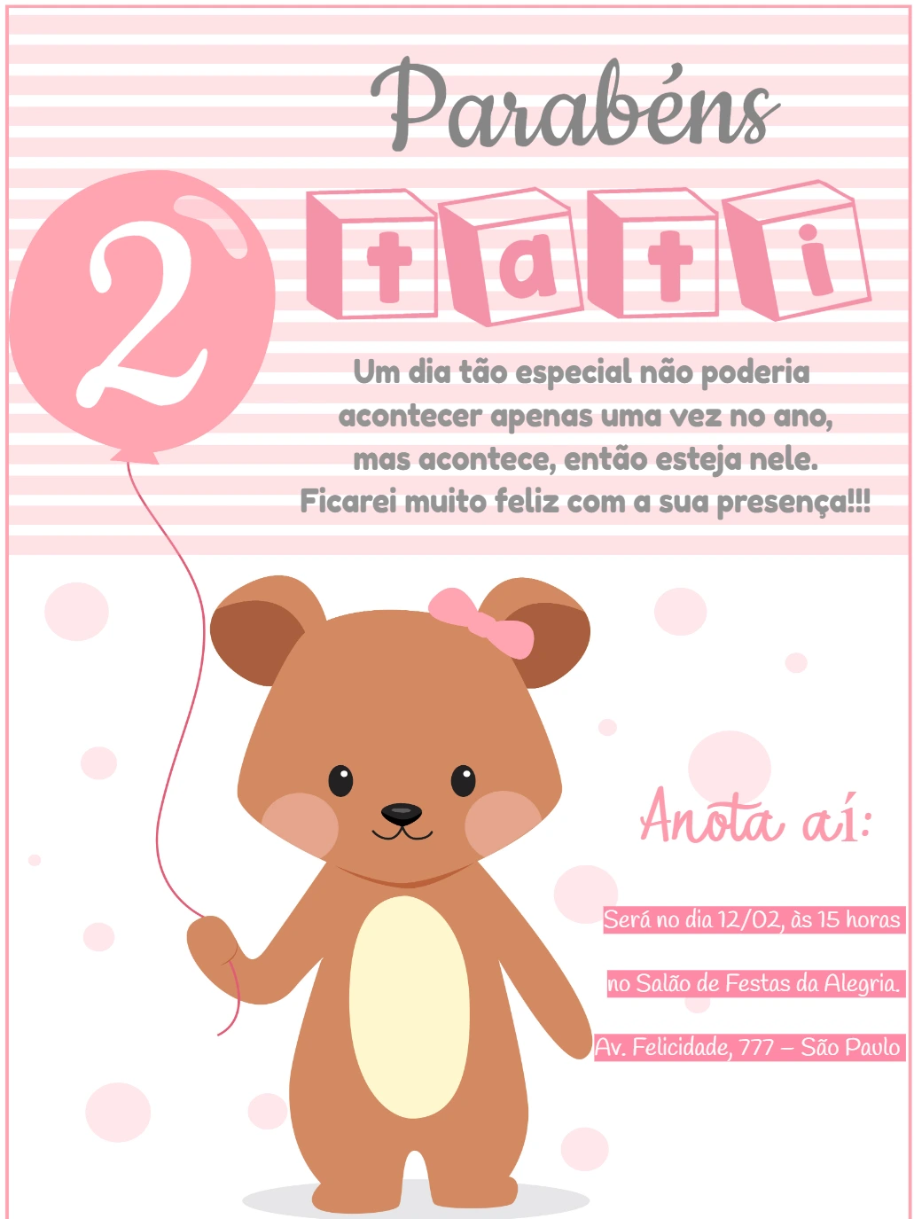 Convite de Aniversário Ursinha Rosa Delicada para Editar