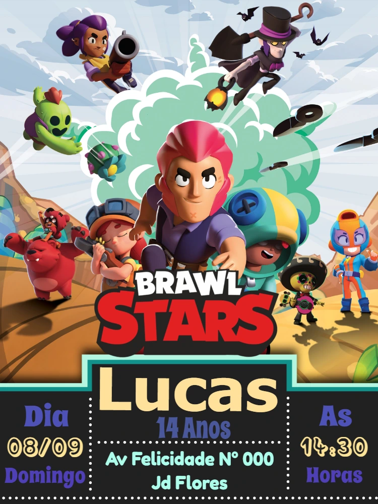 Convite de Aniversário Brawl Stars com Personagens para Editar