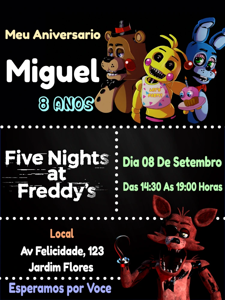 Convite de Aniversário Five Nights at Freddy's para Editar