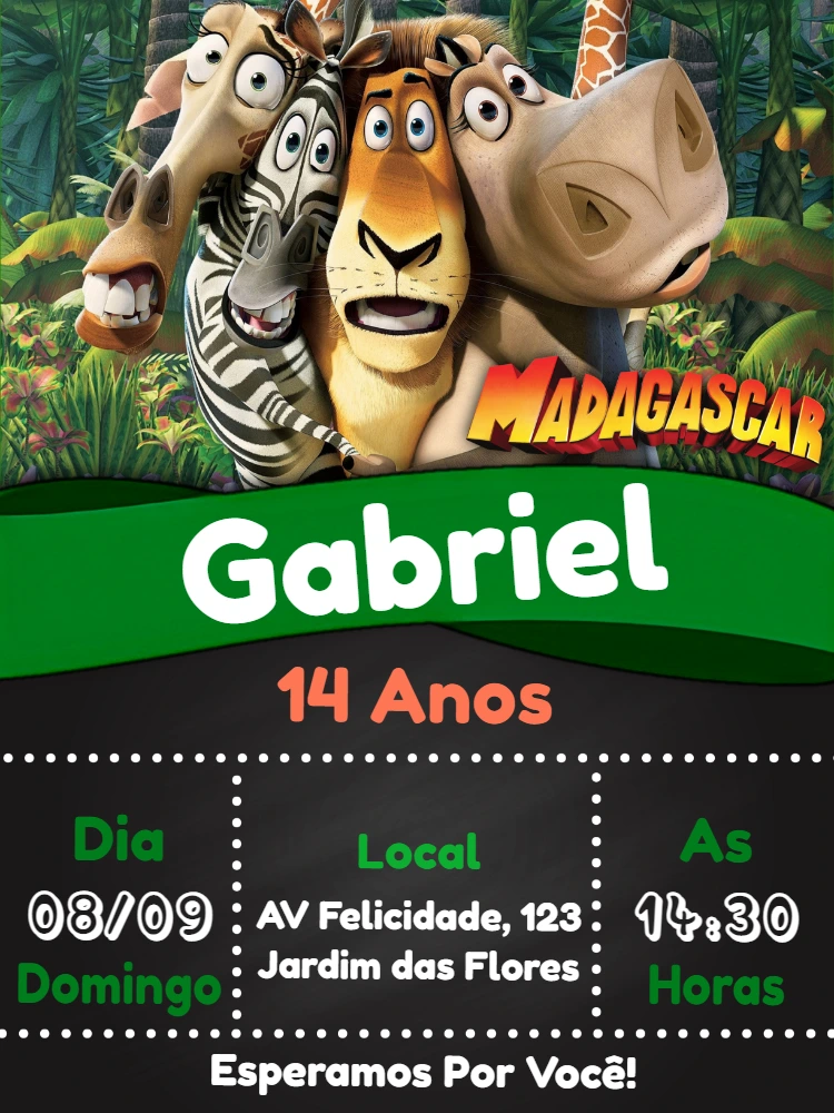 Convite de Aniversário Madagascar com Personagens para Editar
