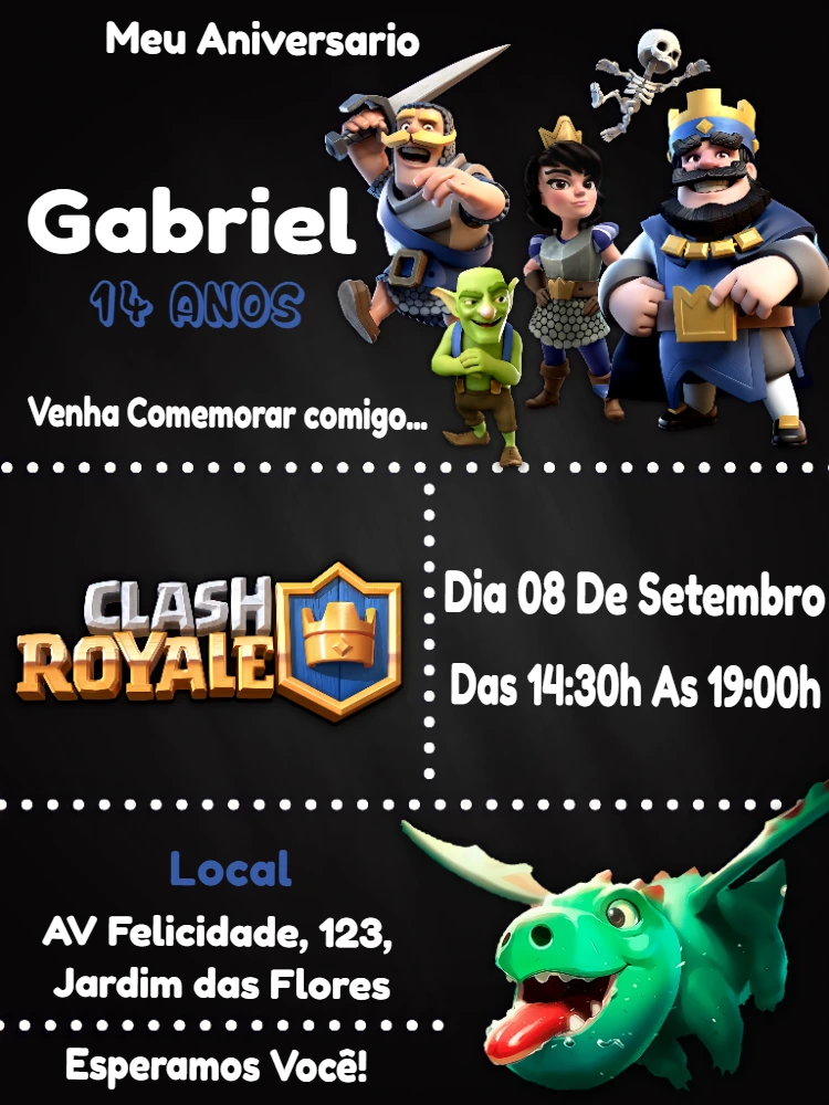 Convite de Aniversário Clash Royale com Personagens para Editar