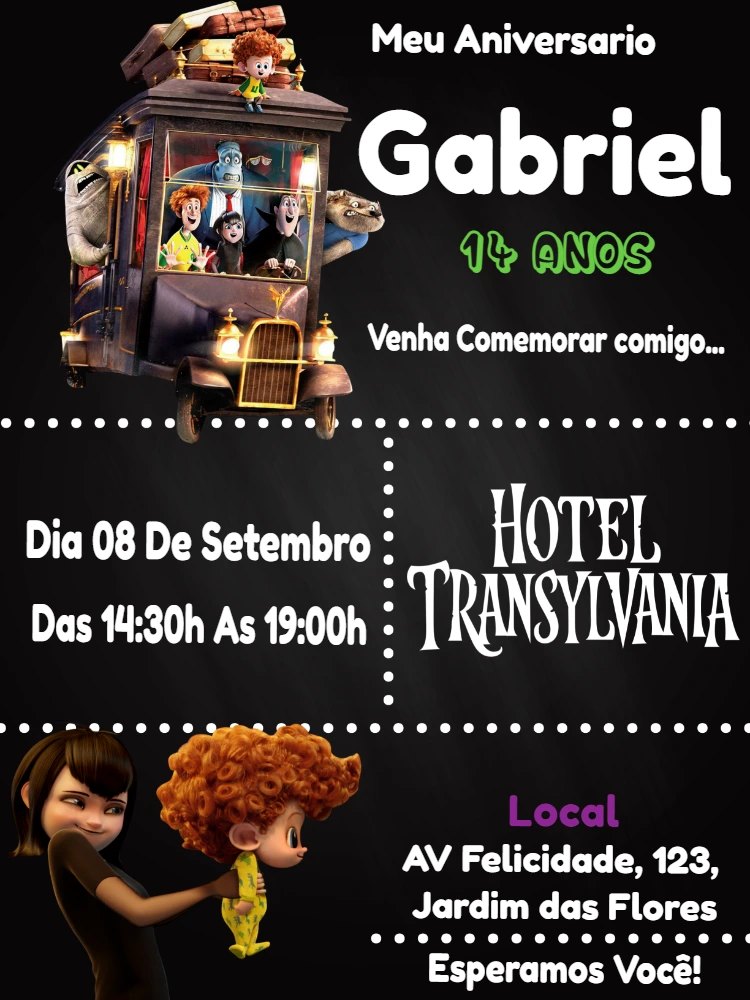 Convite Aniversário Hotel Transylvania com Personagens para Editar