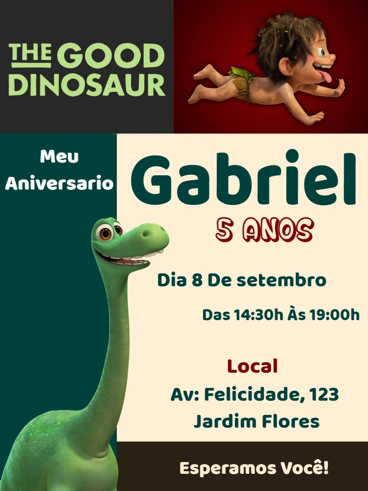 Convite Aniversário O Bom Dinossauro para Editar Online