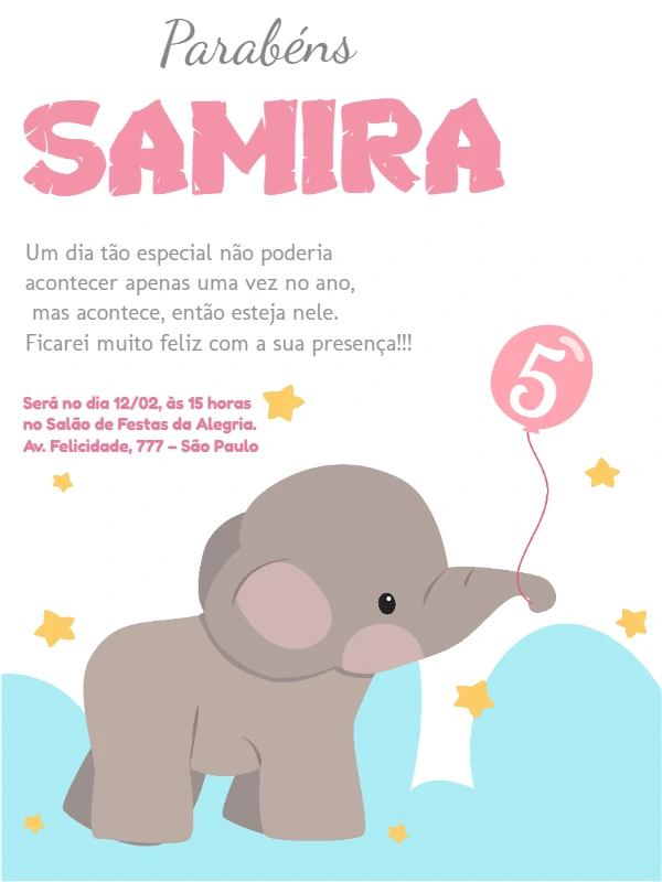 Convite de Aniversário Elefantinho Rosa para Editar Online