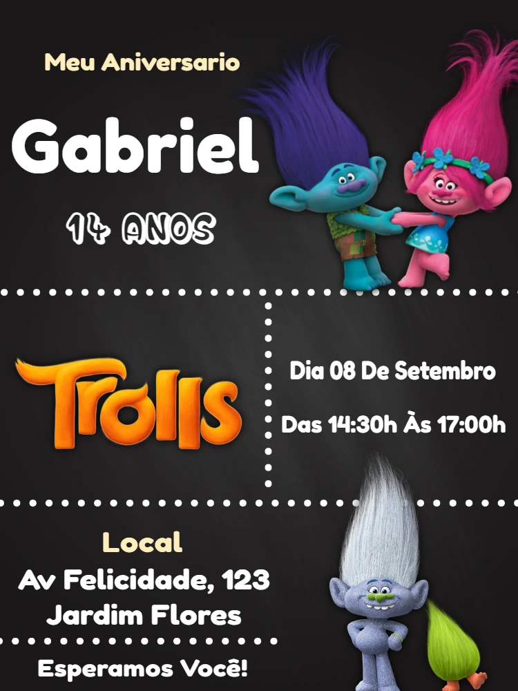 Convite de Aniversário Trolls com Personagens para Editar