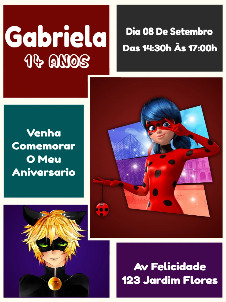 Convite Aniversário Ladybug e Cat Noir para Editar Online