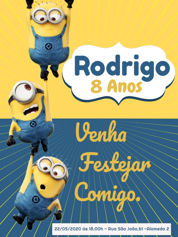 Convite de Aniversário Minions para Editar e Imprimir