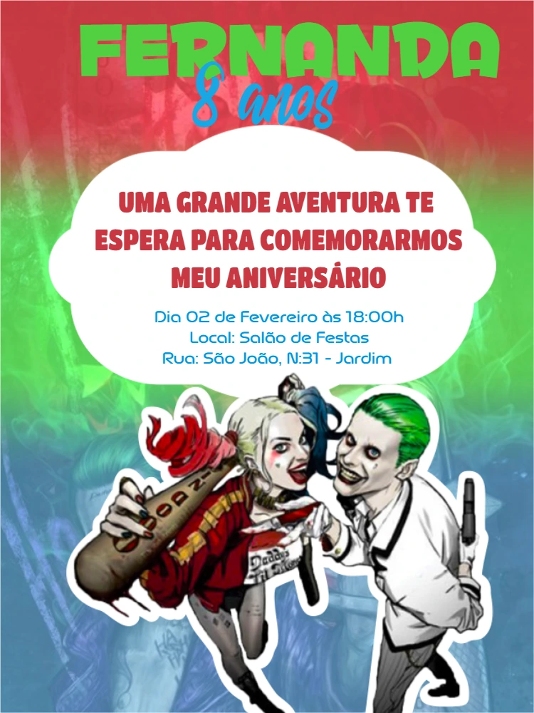 Convite Aniversário Arlequina e Coringa para Editar Online