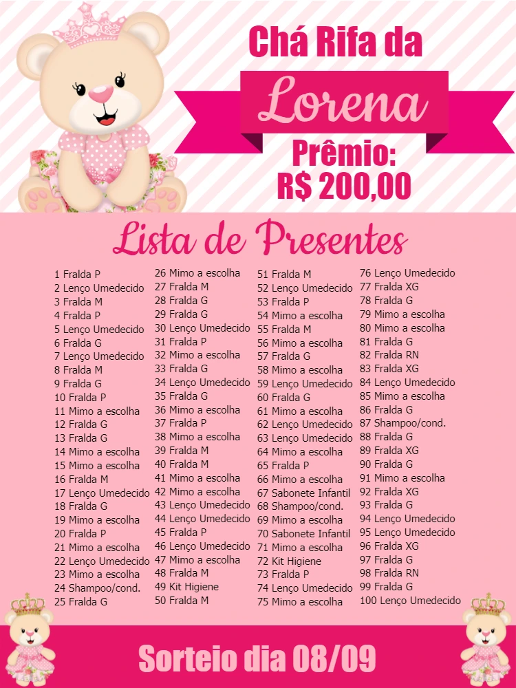 Cartela de Chá Rifa Ursinha Princesa para Editar Online