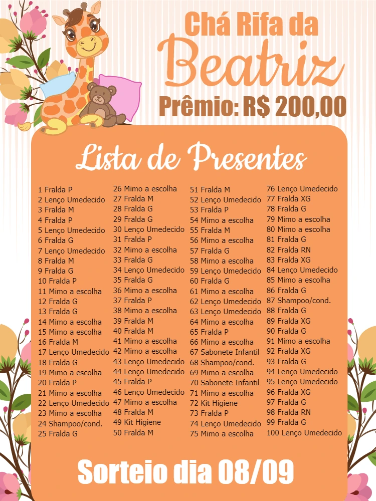 Cartela Chá Rifa Girafinha Editável para Imprimir
