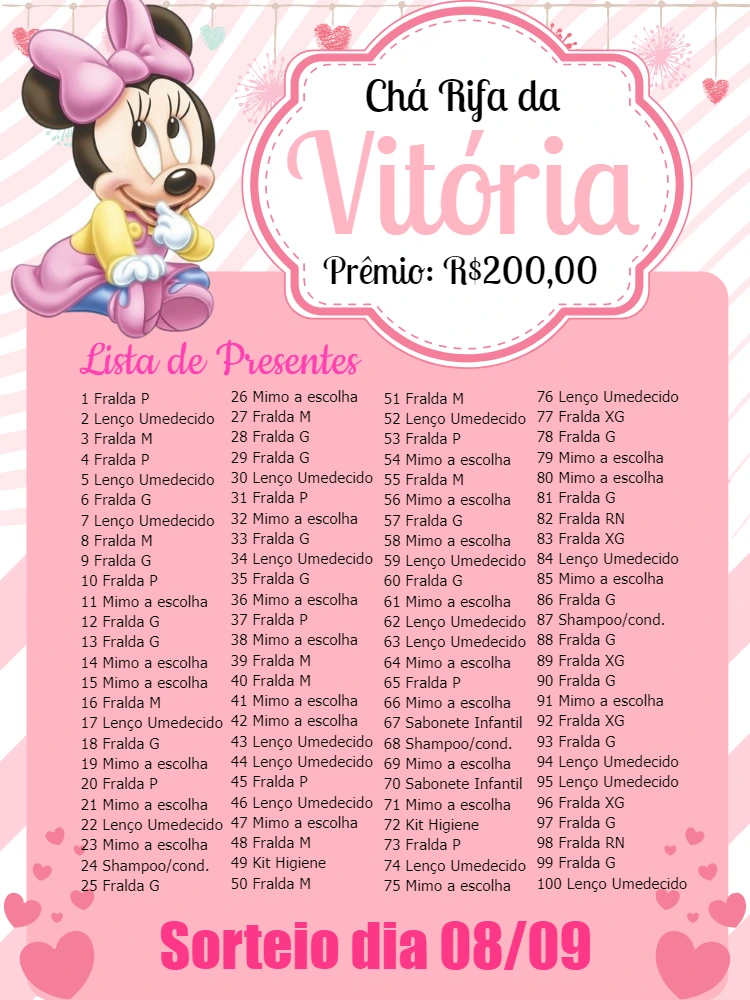 Cartela de Chá Rifa Minnie Baby para Editar Online