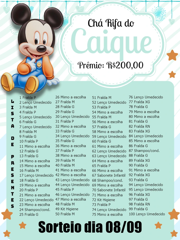 Chá Rifa Mickey Baby Editável Online para Imprimir