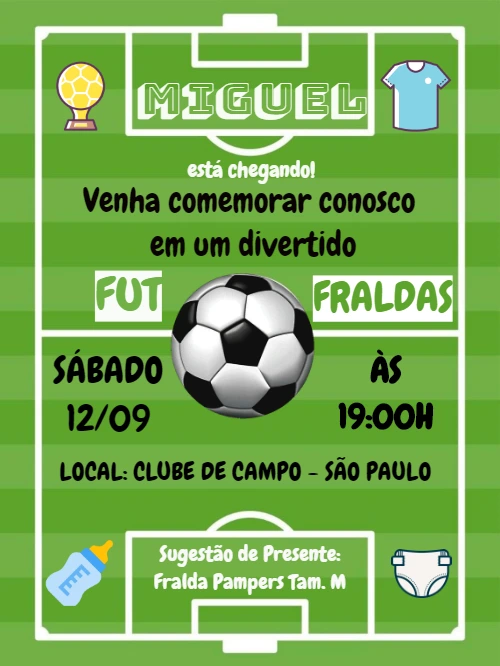 Convite Fut Fraldas Futebol para Editar Online e Imprimir