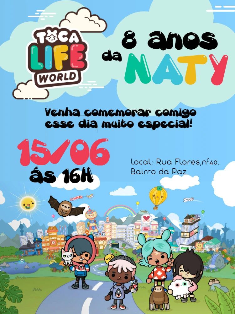 Convite de Aniversário Toca Life World com Personagens para Editar