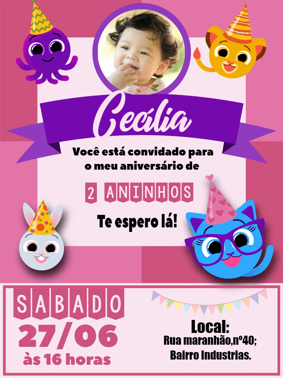 Convite de Aniversário Bolofofos com Foto para Editar Online