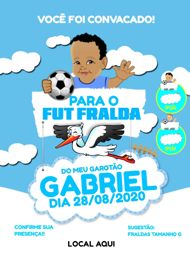 Convite Fut Fralda tema Futebol com Bebê para Editar Online