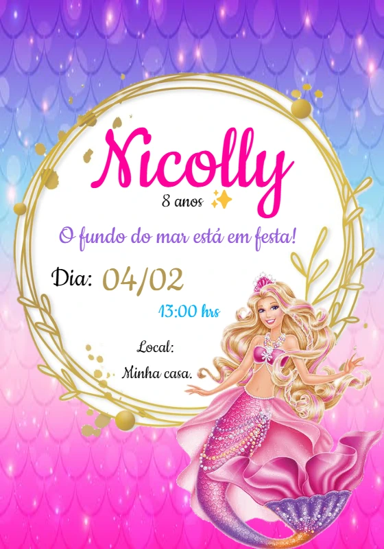 Convite de Aniversário Barbie Sereia para Editar Online