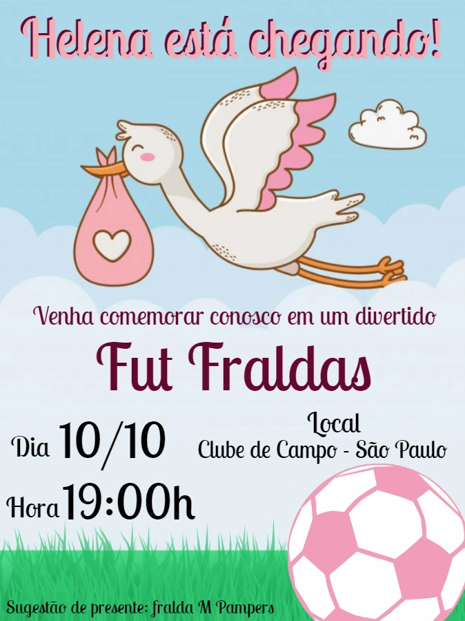 Convite Fut Fraldas Menina Futebol Rosa para Editar Online