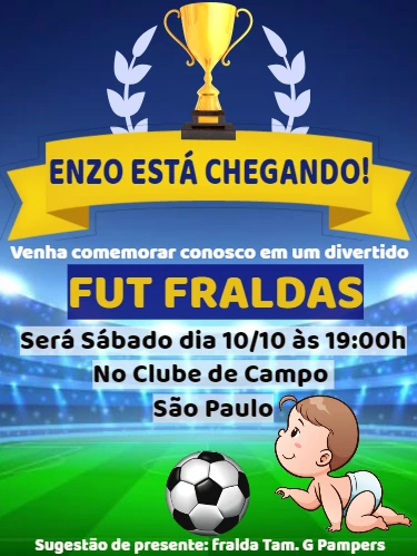 Convite Fut Fraldas com Tema Futebol para Editar Online